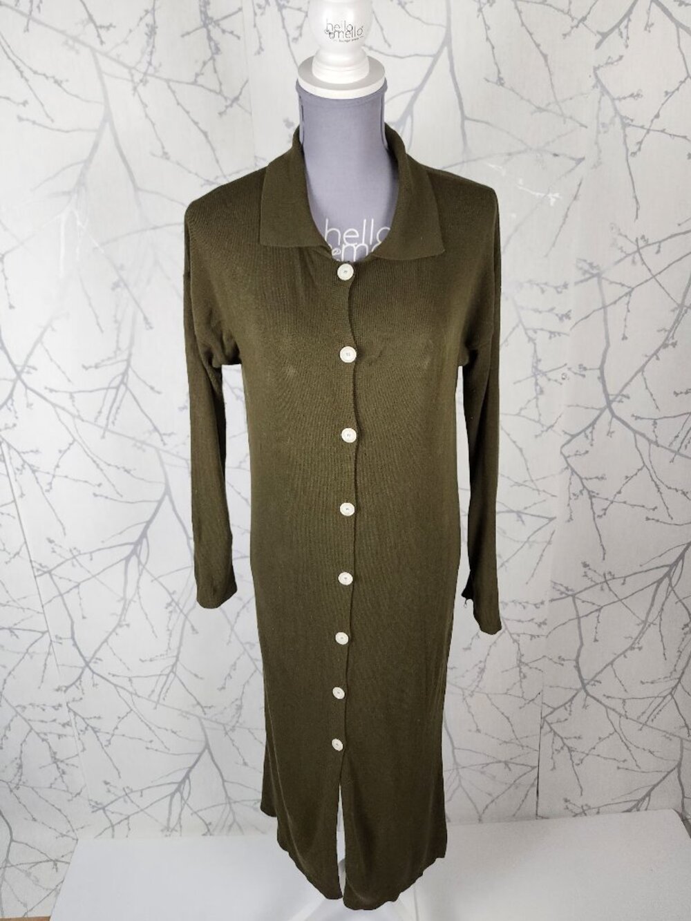Mus & Bombon Olive Green Lenzing Viscose Knit Button Front Duster Cardigan